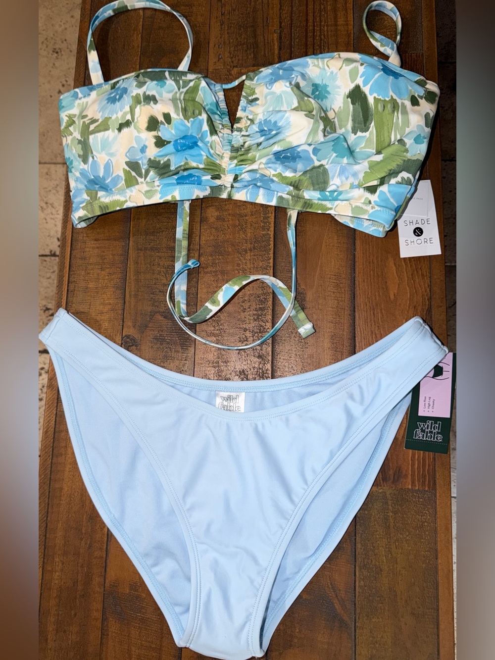 Shade & Shore Light Blue and Green Floral Bandeau Bikini